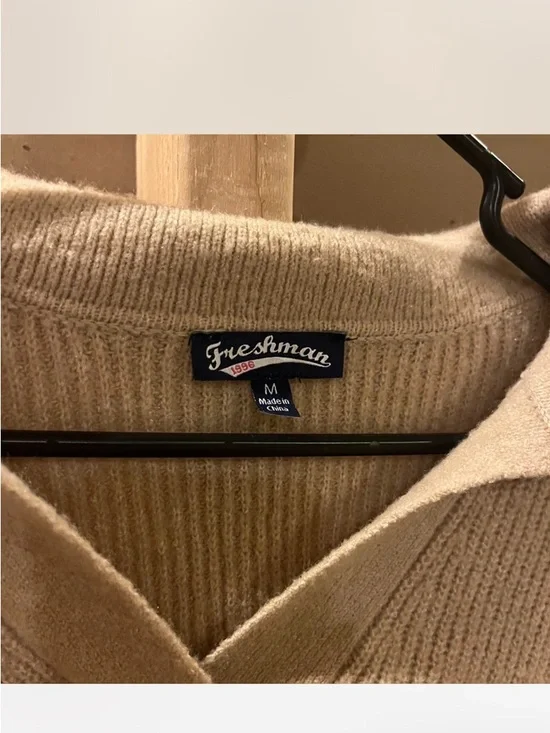 Freshman Beige V-Neck Collared Knit Sweater - Picture 2 of 5